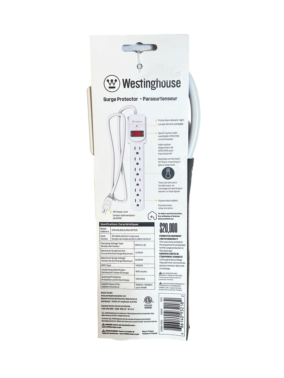 Supresor de Picos Westinghouse 6 Tomas, 800 Joules, 3ft